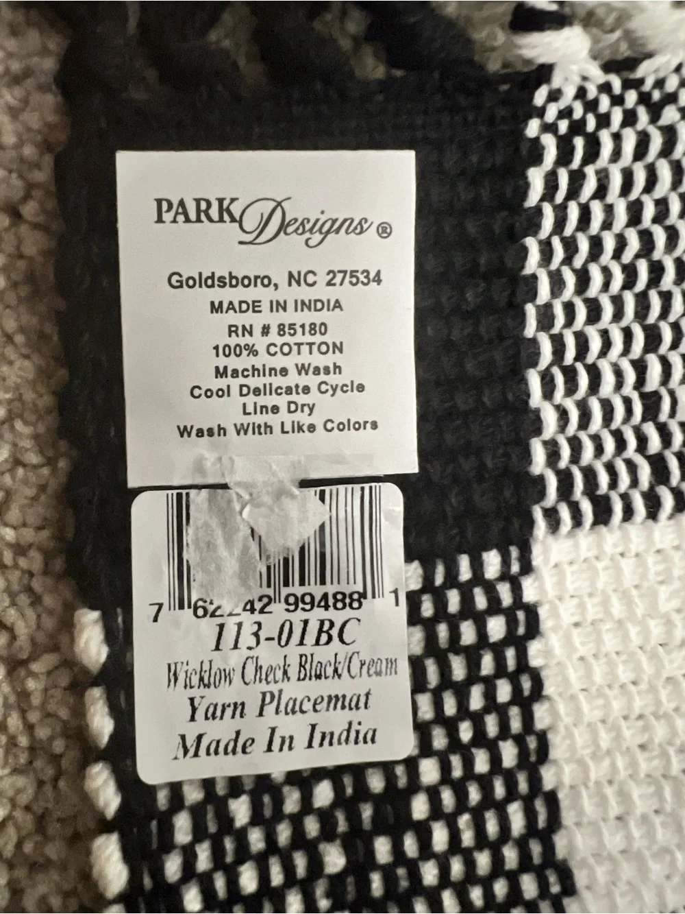 Park Designs Black & White Buffalo Check Woven Placemat with Fringe 20x13 NWT